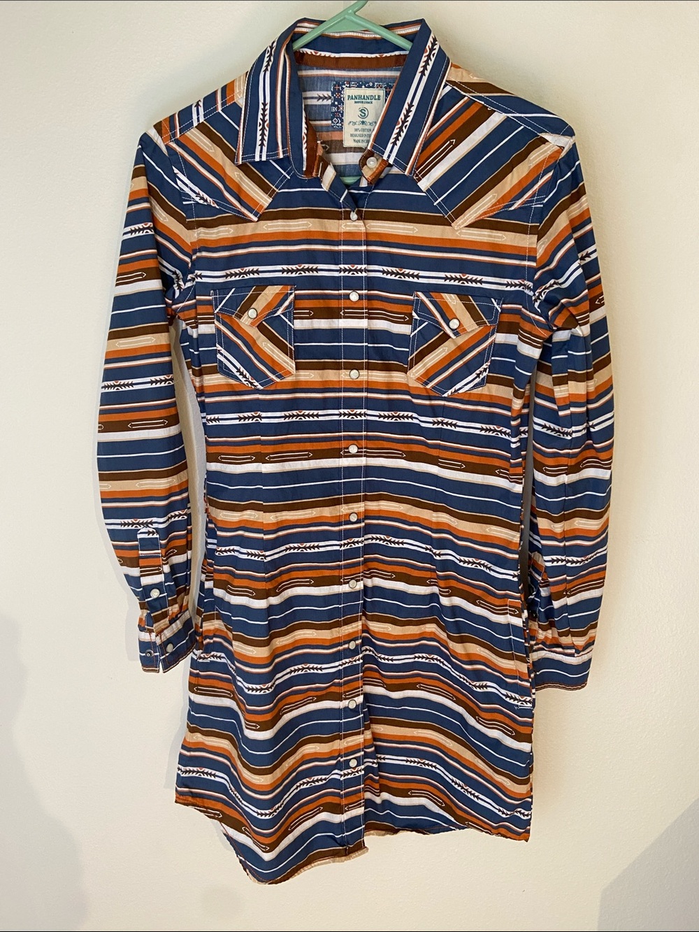 Striped Long-Sleeve Shirt Dress in Navy & Brown by Panhandle Rough Stock